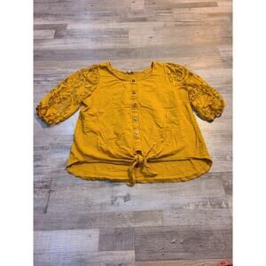 Umgee medium women's yellow blouse floral sheer sleeves